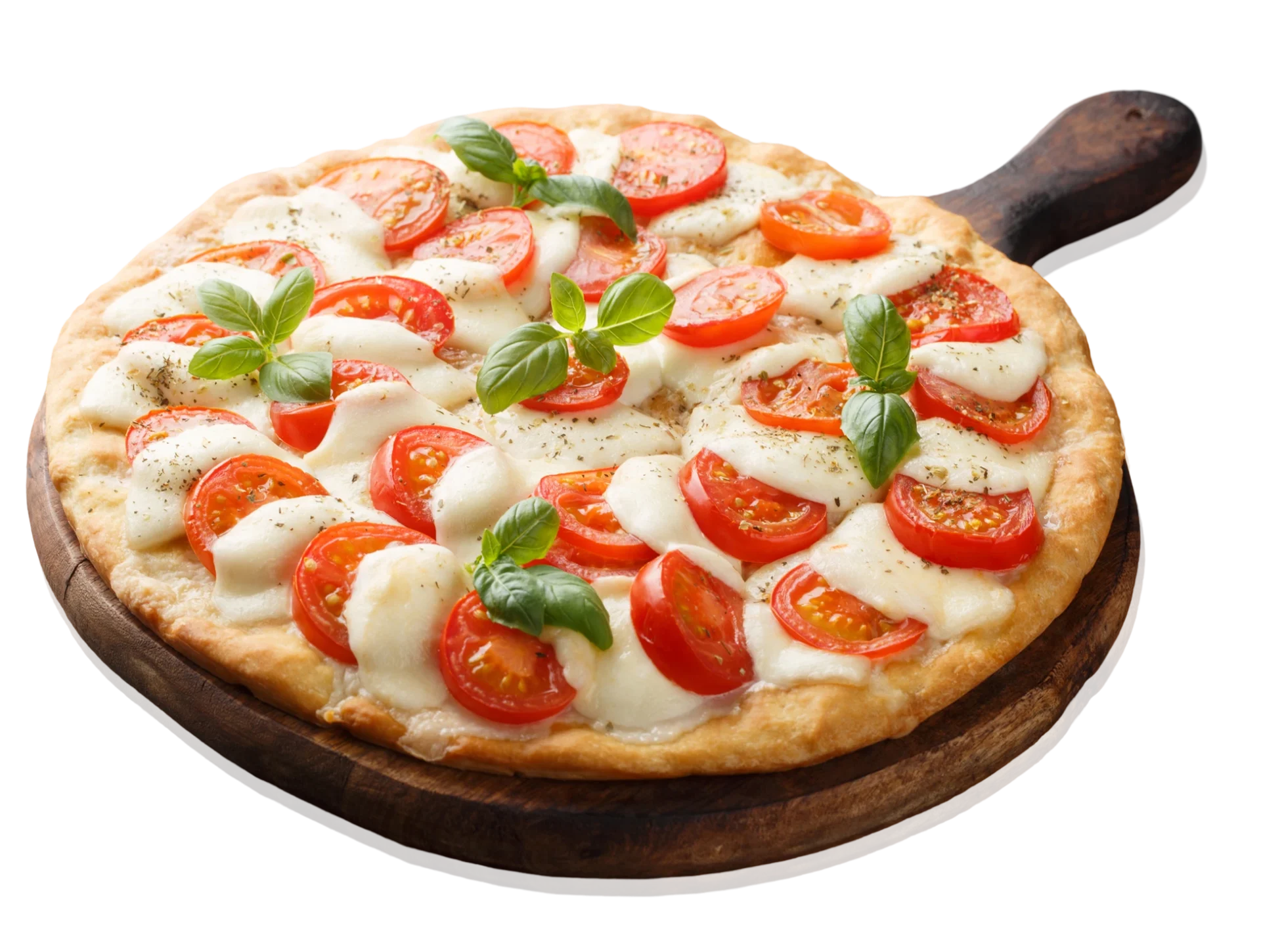 hero (3) (1) Pizza topped with sliced tomatoes, mozzarella cheese, and fresh basil leaves on a wooden serving board.